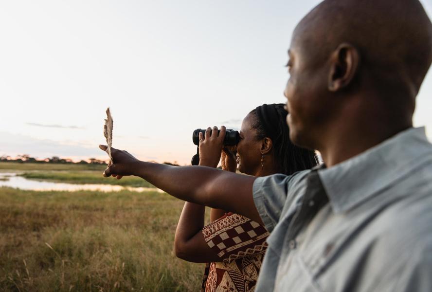 Close up of a guide pointing, with a guest using binoculars beside them.