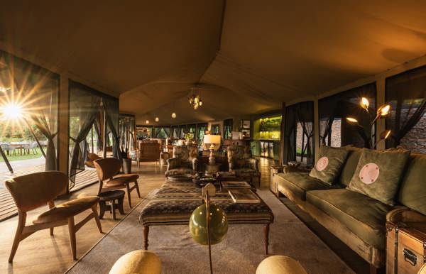 Wilderness Mara's main lounge overlooks the vast plains of the Mara Triangle in Kenya
