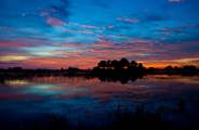 A richly colored Okavango Delta sunset reflecting on the smooth water, featuring deep blue, orange, and pink hues with a dark silhouette of an island tree line.