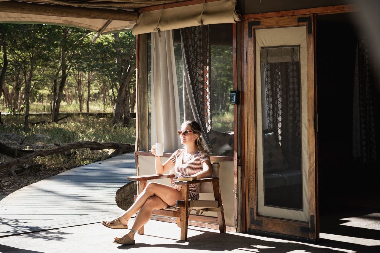 Solo traveller enjoying safari in Zimbabwe Wilderness Davison's Camp