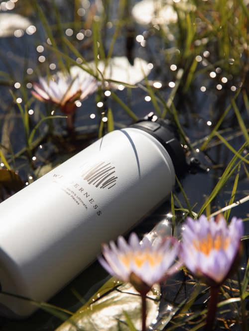 Close-up of a reusable metal water bottle lying among water lilies and tall grass in the clear Okavango Delta water, highlighting the Wilderness Safaris logo.
