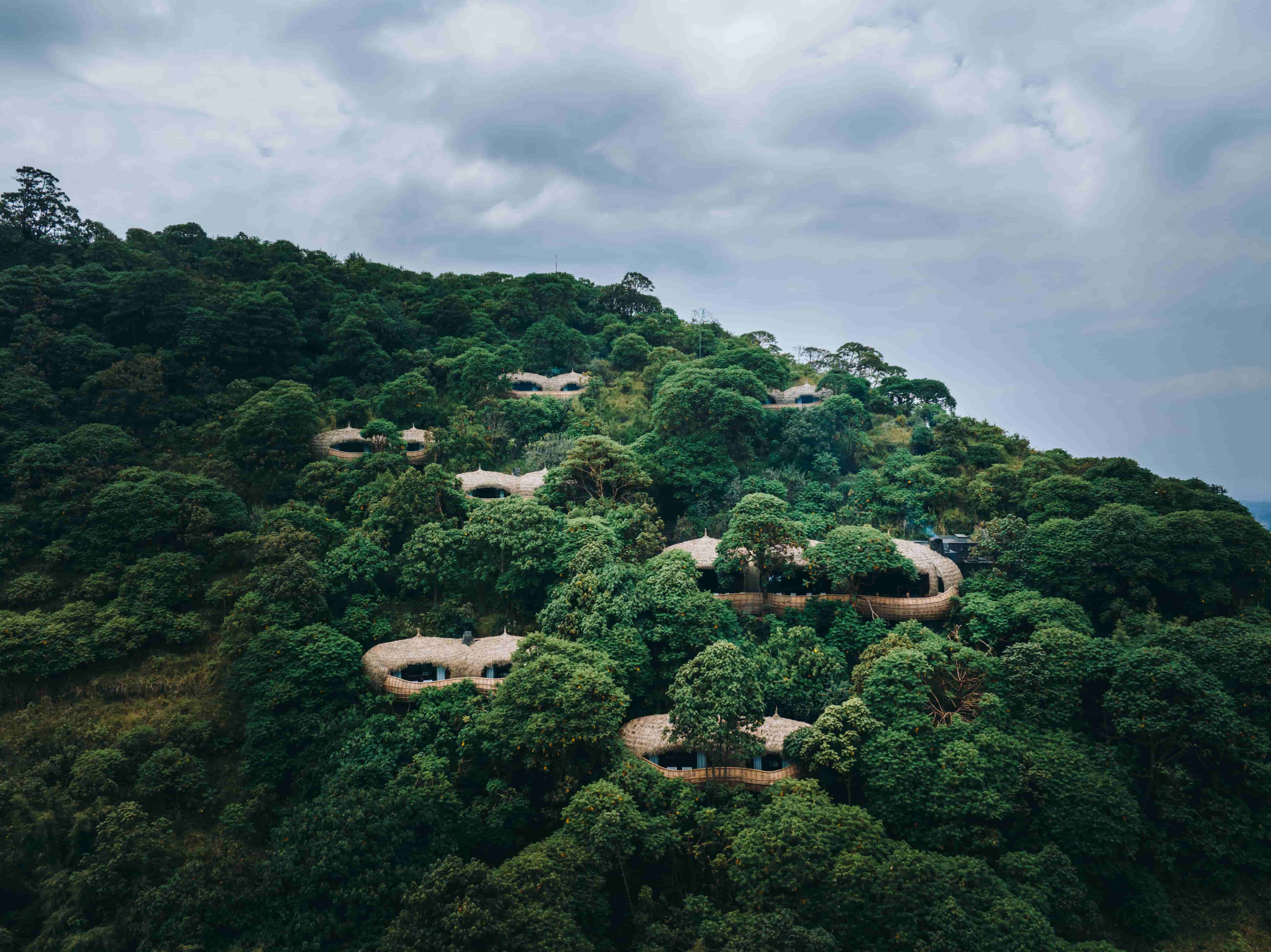 Aerial view of the Wilderness Bisate guest villas in Rwanda