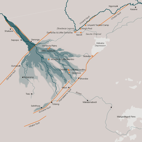Geographical map displaying the panhandle of the Okavango Delta and Wilderness camps