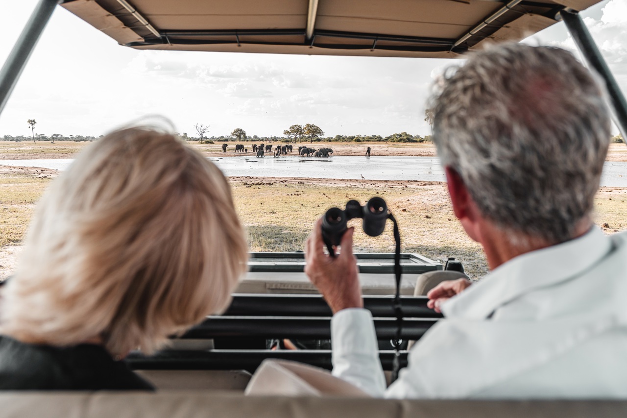 A couple on a game drive watching elephants at a waterhole