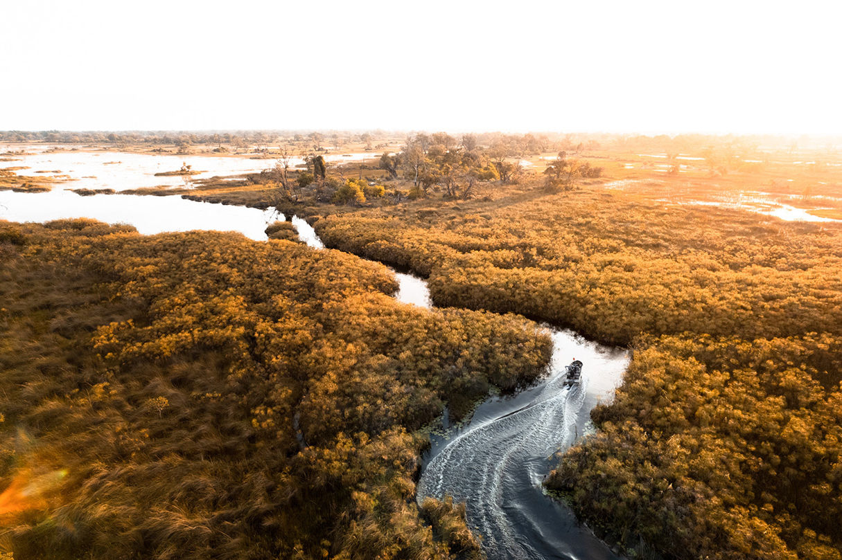 A boat gliding along the chanels of the Okavango Delta