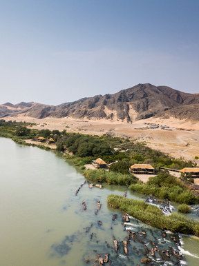 Wilderness Serra Cafema Aerial View of the camp on the banks of the Kunene River in Namibia
