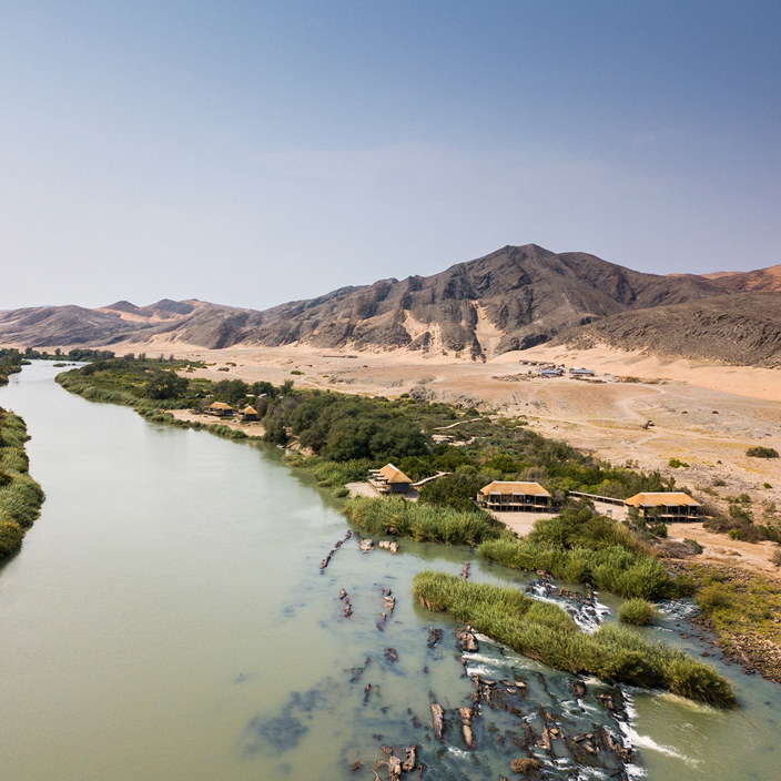 Wilderness Serra Cafema Aerial View of the camp on the banks of the Kunene River in Namibia