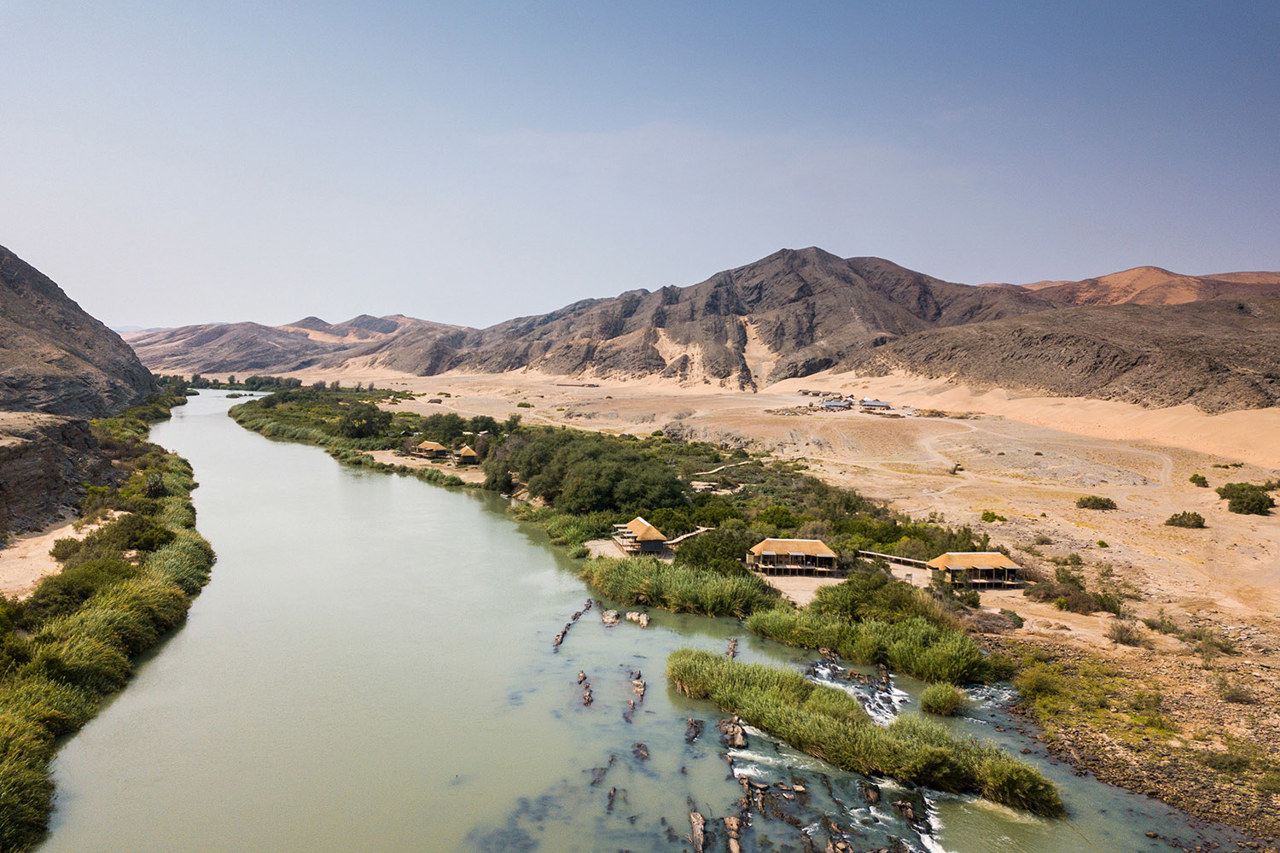 Wilderness Serra Cafema Aerial View of the camp on the banks of the Kunene River in Namibia