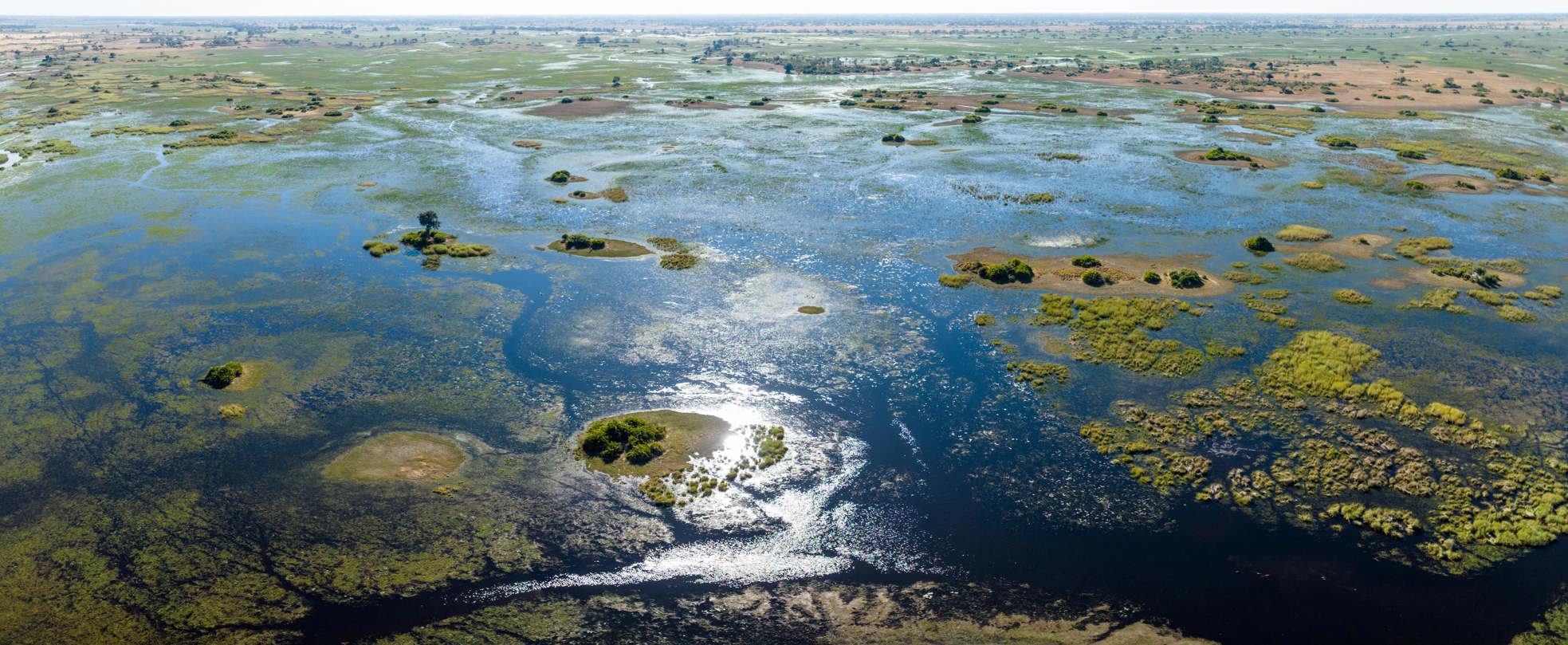 Wide panoramic aerial view of the expansive Okavango Delta floodplains, showcasing the intricate blue water channels and small green islands under a sunny sky.
