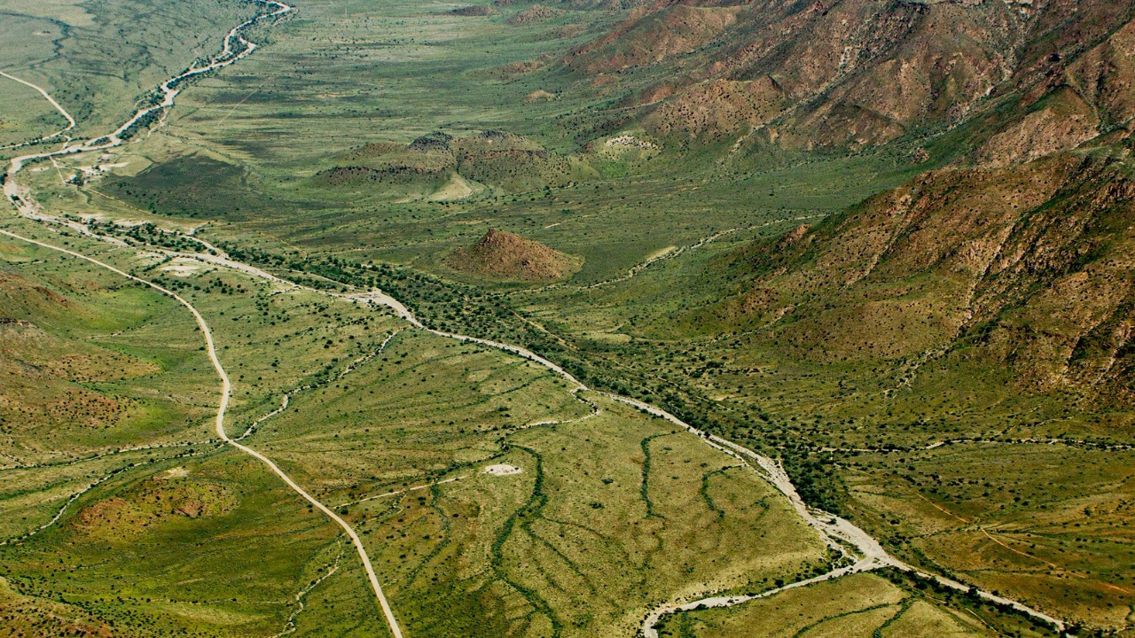 The Namibian desert transformed to green hues after rains in May 2026