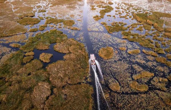 A speed boat cruising along the channels of the Okavango Delat at Wilderness Vumbura