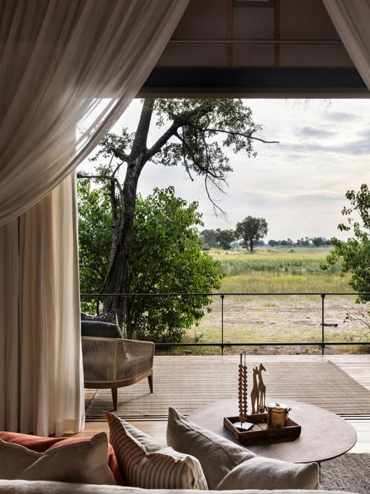 Looking over the flood plains from inside the guest suite at Wilderness Chitabe