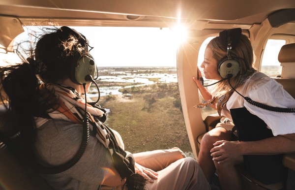 Flying over the Okavango Delta in a private helicopter 