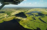 Aerial view from a small plane showing a vast, green, watery landscape with a mix of wetland