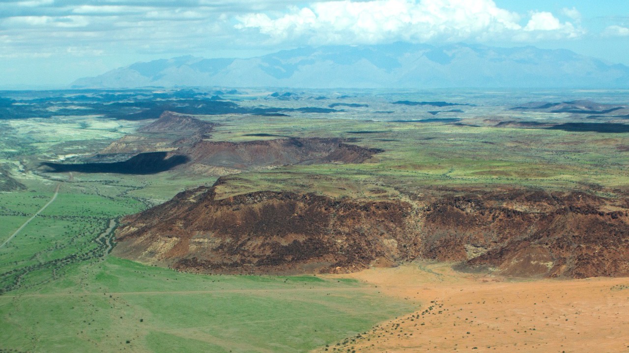 The Namibian desert transformed to green hues after rains in May 2026