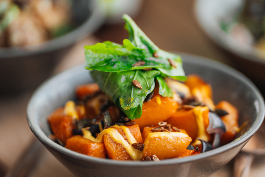 Bowl of butternut salad at Wilderness Chitabe in Okavango Delta in Botswana